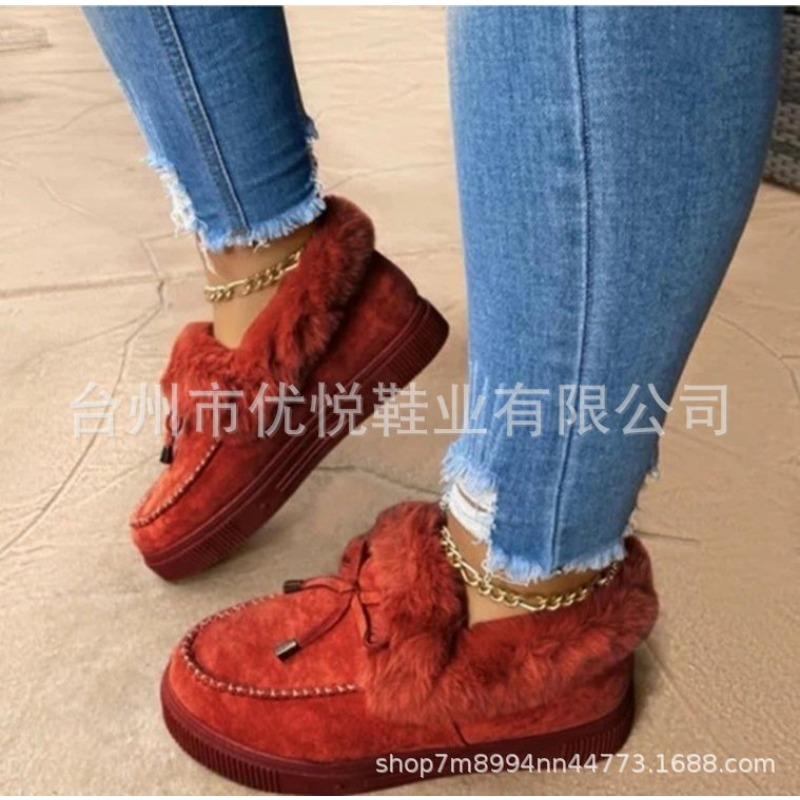 Autumn and winter new flat-bottomed suede plush one-pedal snow boots warm and non-slip fluffy women's plush thick cotton shoes