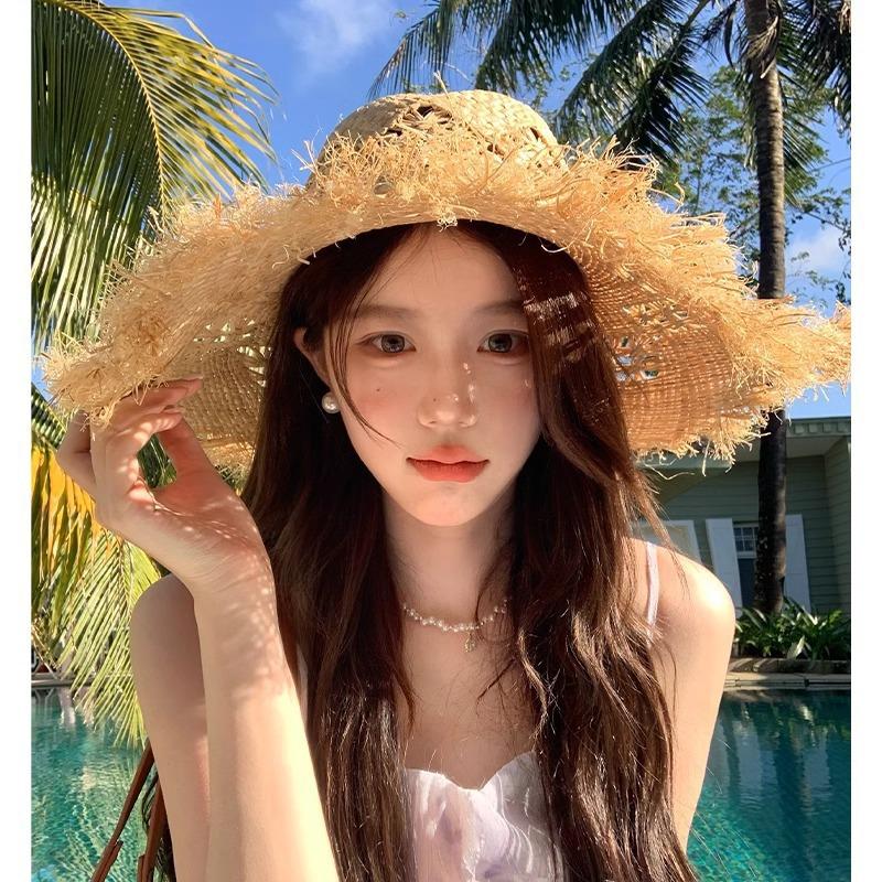 Lafite Large Brim Straw Hat Seaside Beach Hat Summer Hollow Straw Hat Sun Protection Shade Sun Hat Women