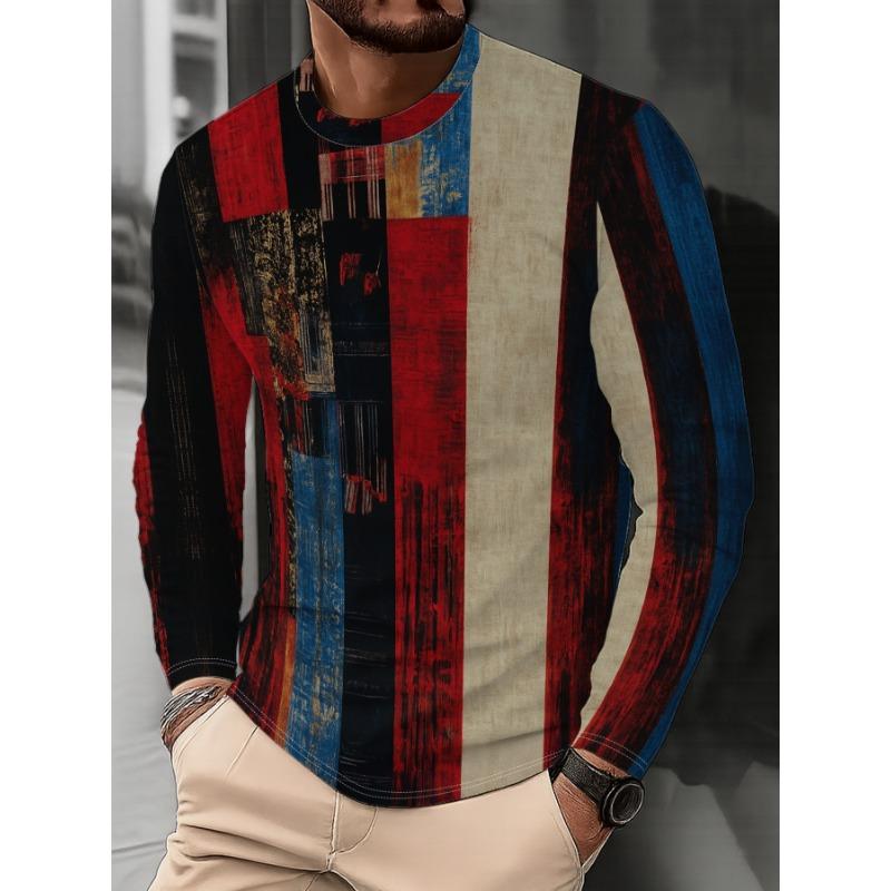 Men's Fashion Round Neck Long Sleeve Top with Unique Geometric Patchwork Print Design Trendy Casual Versatile Style