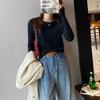 New Arrivals Open Run Women Ribbed Round Neck Long Sleeve T shirT Solid Color