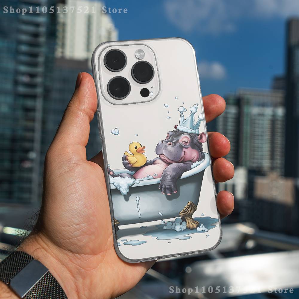 Cute Hippo Hippopotamus Phone Case For iPhone 16,15,17,12,13,14,11 Max,Pro,Plus,X,XS,XR,SE4,E Mini Transparent Cover