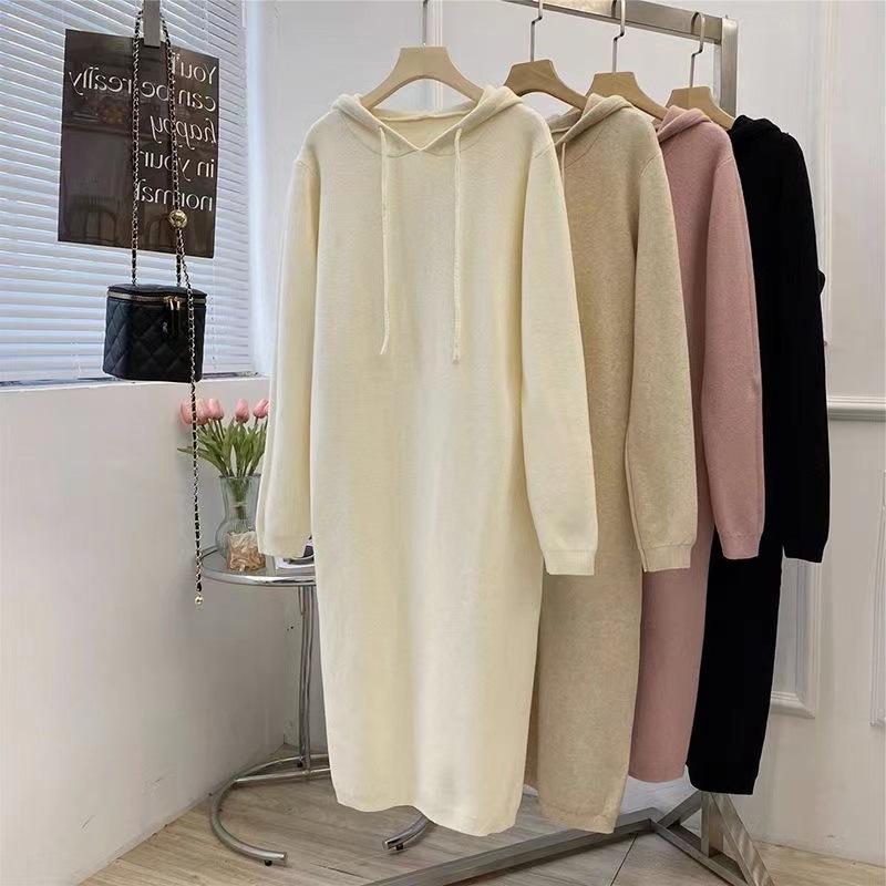 Long Knitted Hooded Dress Women's Loose New Sweater Skirt Autumn and Winter with Coat, Thin Inside