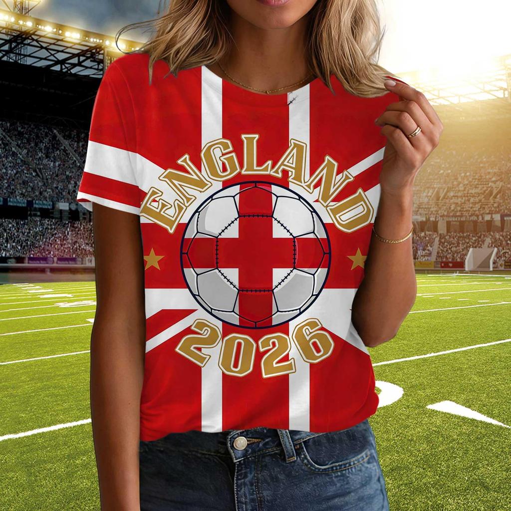 Ladies Casual Pullover T Shirt Short Sleeve Crew Neck Top with Letter Print for Football Support England 2026