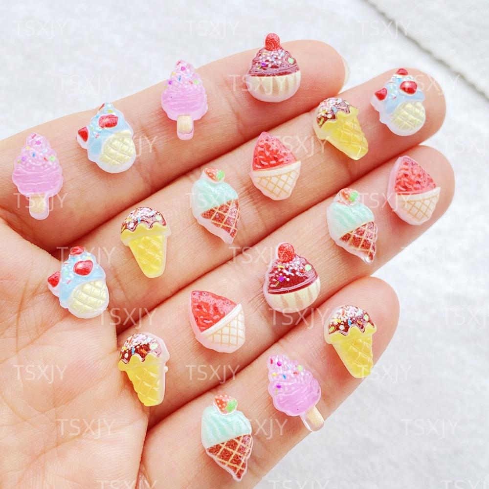 50Pcs New Mixed Nail Art Cute Cartoon Mini Colored Ice Cream Charms Rhinestones DIY Craft For Nail 3D Decorations
