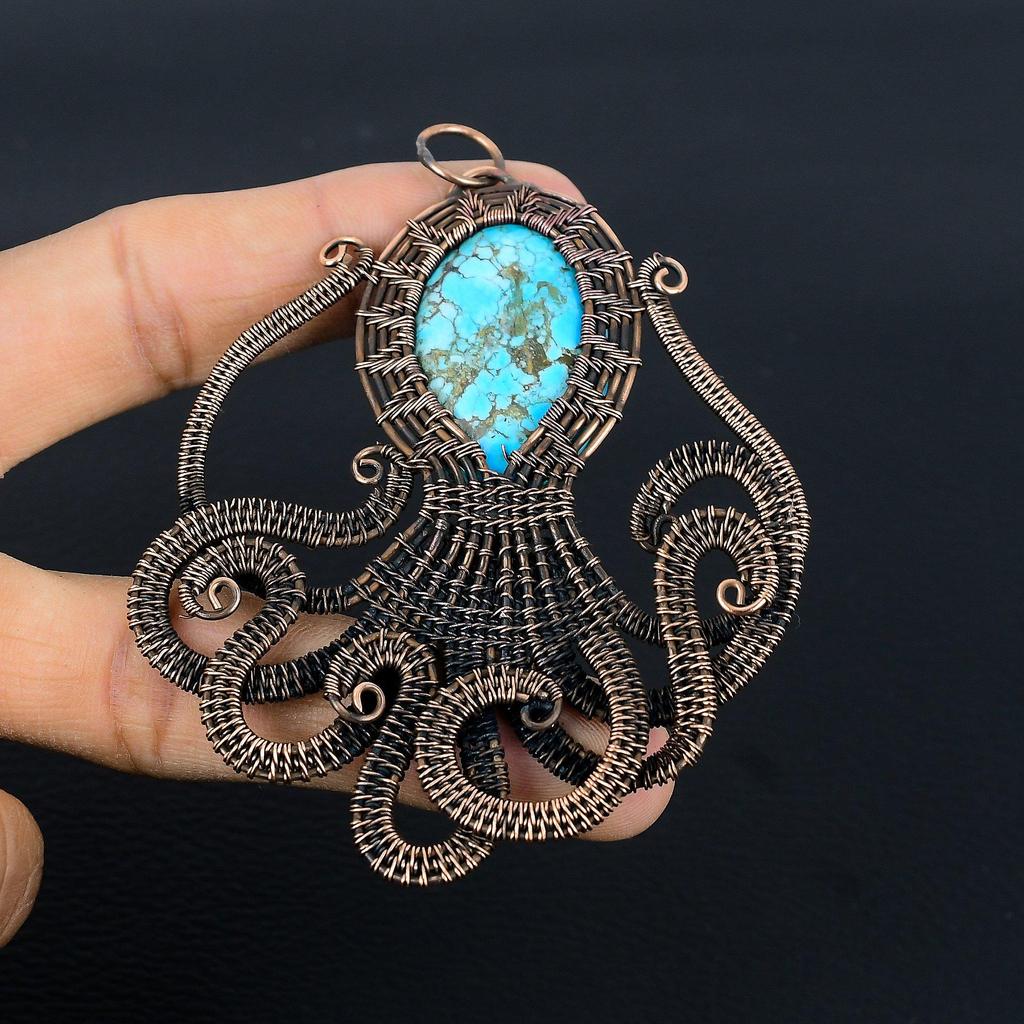Tibetan Turquoise Pendant, 999 Copper Wire Wrapped Gemstone Jewelry, Handmade Pendant, For Thanksgiving