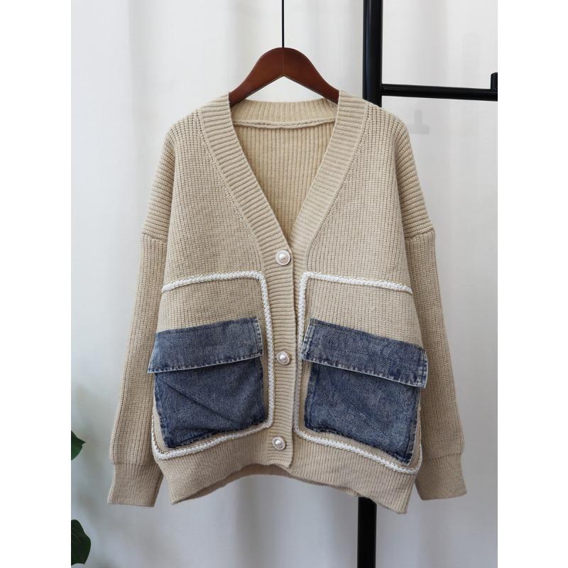 Autumn and winter new denim pocket knitted cardigan loose design temperament versatile sweater jacket women