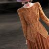 Vintage Lace-Paneled Pleated Long-Sleeve Midi Dress
