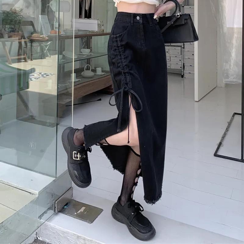 Džínové sukně pro ženy Gotická černá Ruched Boční rozpark Dlouhá džínová sukně Vysoký pas Letní Ležérní Streetwear sukně