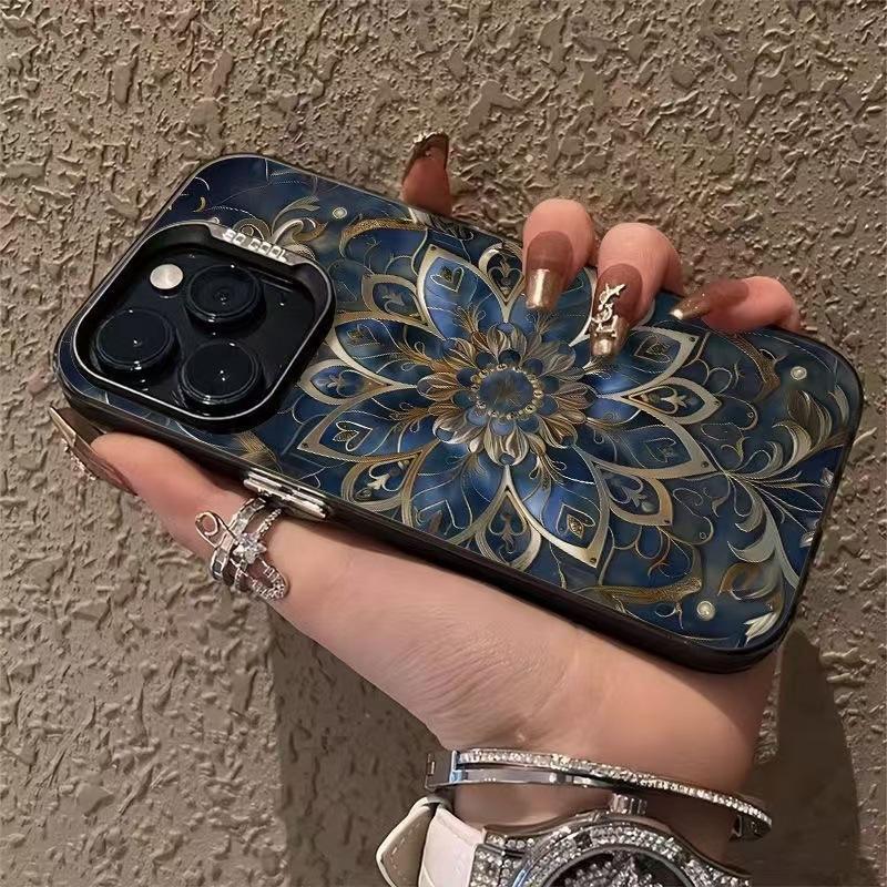 Luxury Blue Gold Mandala Phone Case for iPhone 17 Air 16 15 14 11 Pro 13 12 Mini Xs 8 7 Matte Bumper Shockproof Coque Cover
