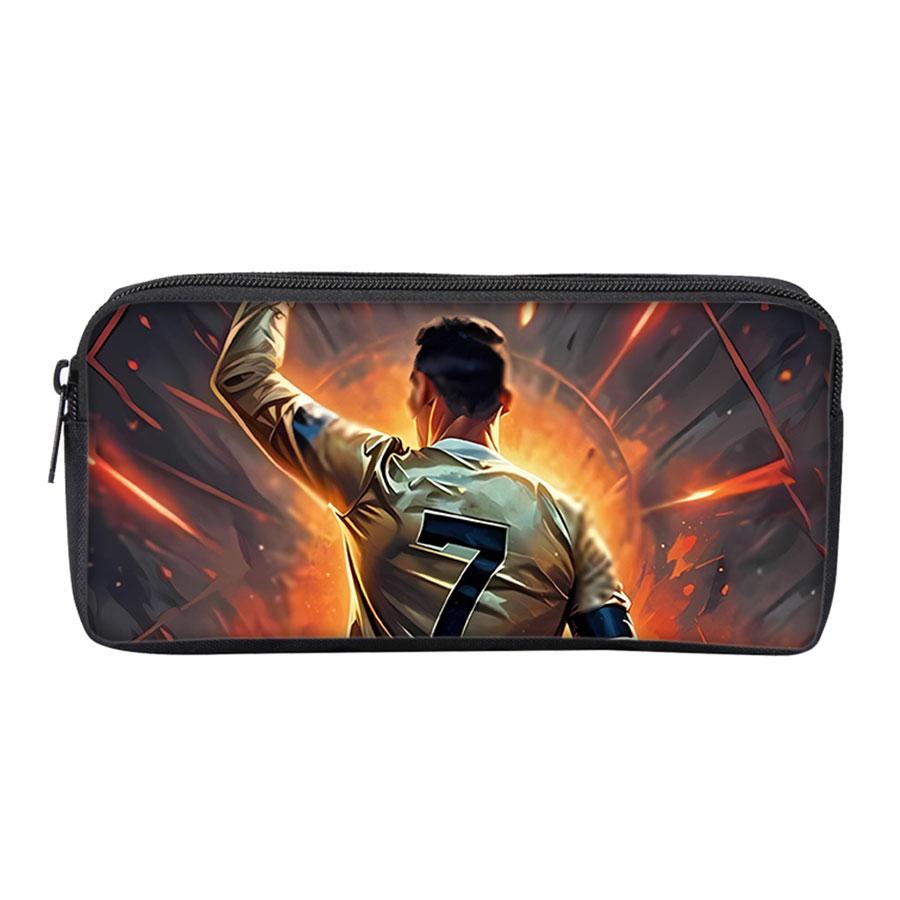 Black Football Star CR7 Pattern Pencil Bag with Zipper Canvas Fabric Stationery Organizer for Schools and Offices