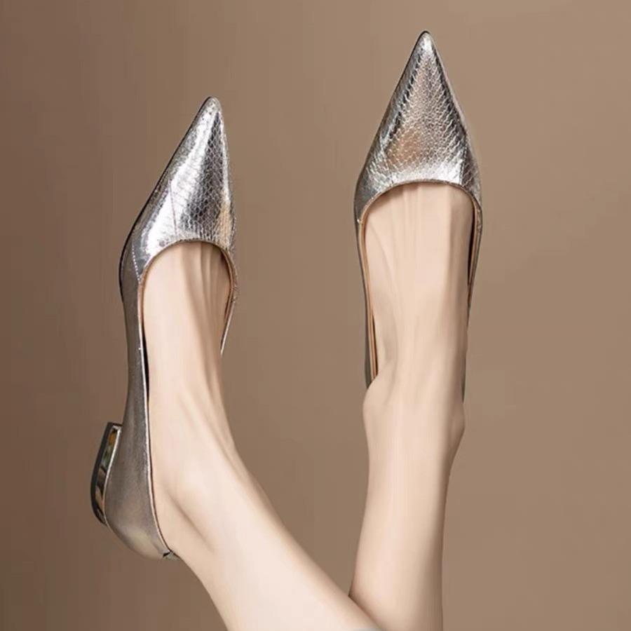 2025 spring and summer new leather pattern pointed head low heel flat shoes light mouth four seasons versatile women's shoes silver temperament single
