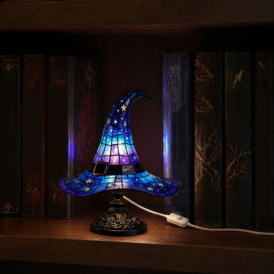 Witch Hat Table Lamp, USB Powered LED Bedside Light, Resin Gothic Night Light for Bedroom, Living Room, Shelf Halloween Decor