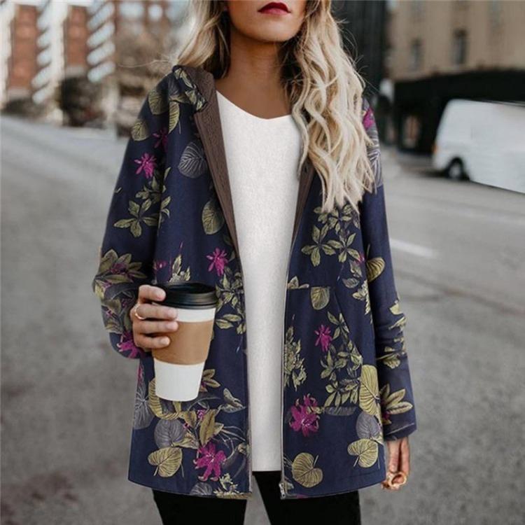 

New Women Retro Wool Jacket Slim Casual Long Sleeve Warm Hoodie with Pocket Flower Design Fashion S темно-синий