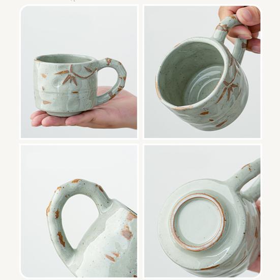 Ceramic Coffee Cup Handmade Rose Bamboo Leaf Embossed Pattern Mug 290ml Rustic Textured Mug Microwave Oven Safe Stackable Gift for Coffee Lovers