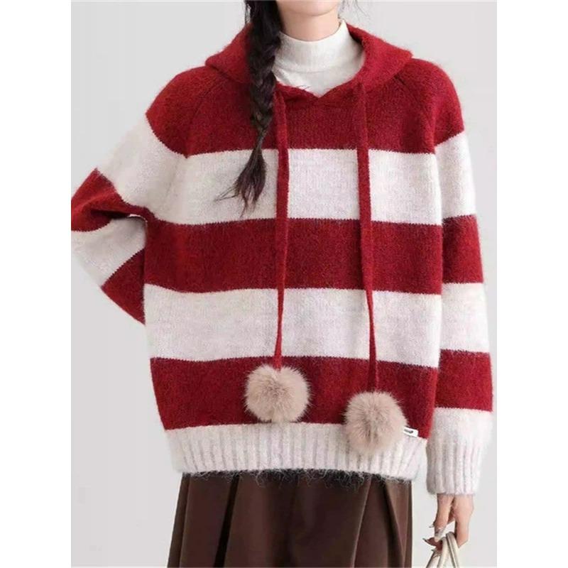 

Red striped hooded sweater women s autumn and winter new loose lazy wind soft waxy knitted sweater top women s outer wear average size красный