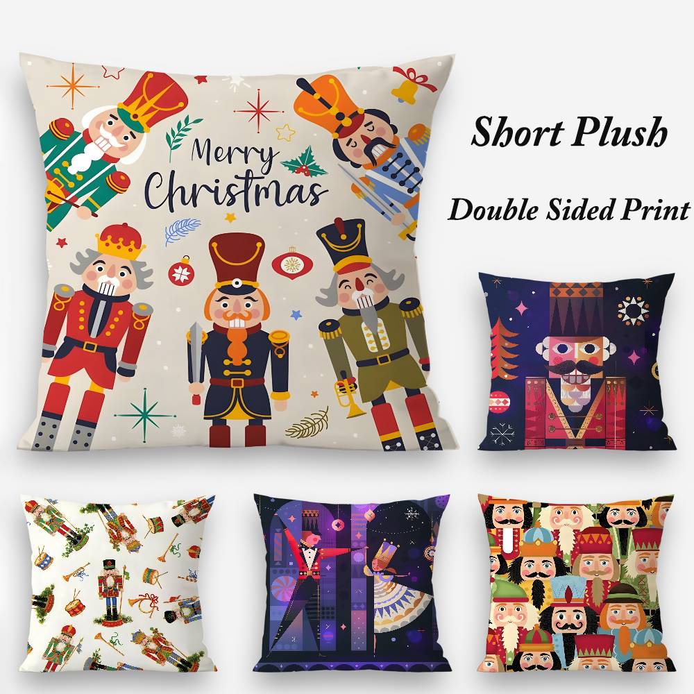 Nutcracker Soldier Christmas Pillow Case Plush Fabric Soft Double Sided Print Home Sofa High Quality Cushion Cover Throw