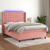 Exclusive House - Pink 140x190 Cm Velvet Bed Slatted Base Mattress and LED