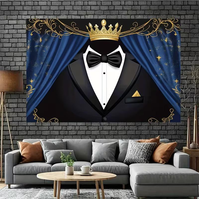 2D Flat Printing Blue Curtain Tuxedo Backdrop for Birthday and Graduation Photoshoot