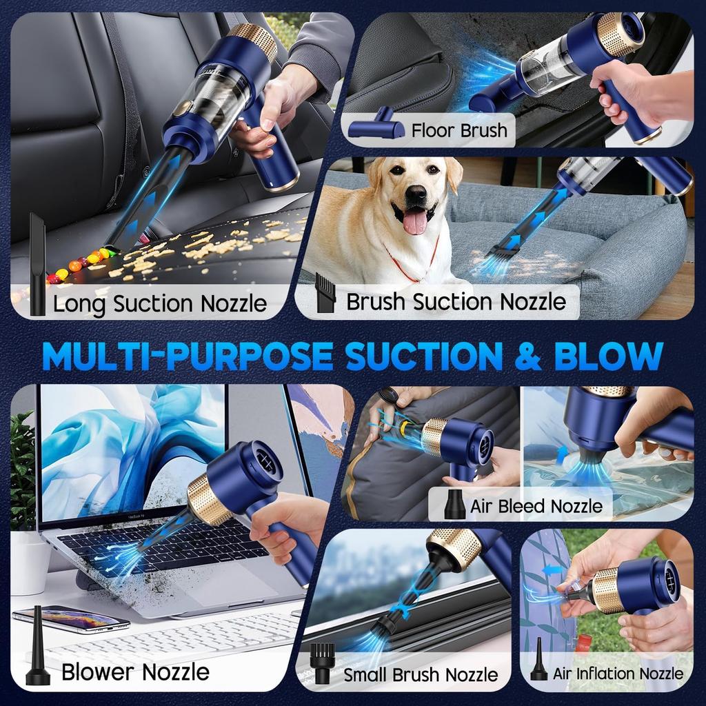 JONYJ Handheld Car Vacuum Cleaner, 16000PA Hand Held Vacuum Portable Cordless, 2 In 1 Air Duster and Vacuum Cleaner with LED Light, Multi-Nozzles,
