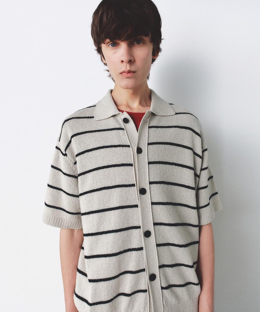Insilence Striped Boucle Polo Cardigan Light Beige