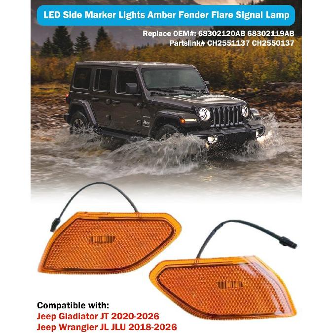 LED Side Marker Lights Compatible with 2018-2025 Jeep Wrangler JL Gladiator JT Front Fender Flares Turn Signal Lamp Corner Indicator Light (Amber
