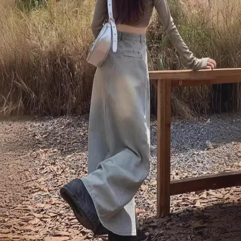 Dámská jarní a podzimní retro džínová A-line sukně s vysokým pasem a rozparkem