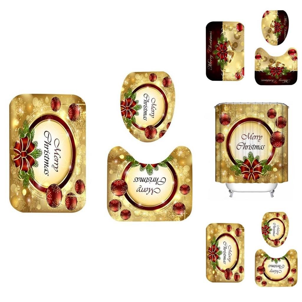 High-quality Waterproof Christmas Bathroom Set With Shower Curtain And Mat Pads