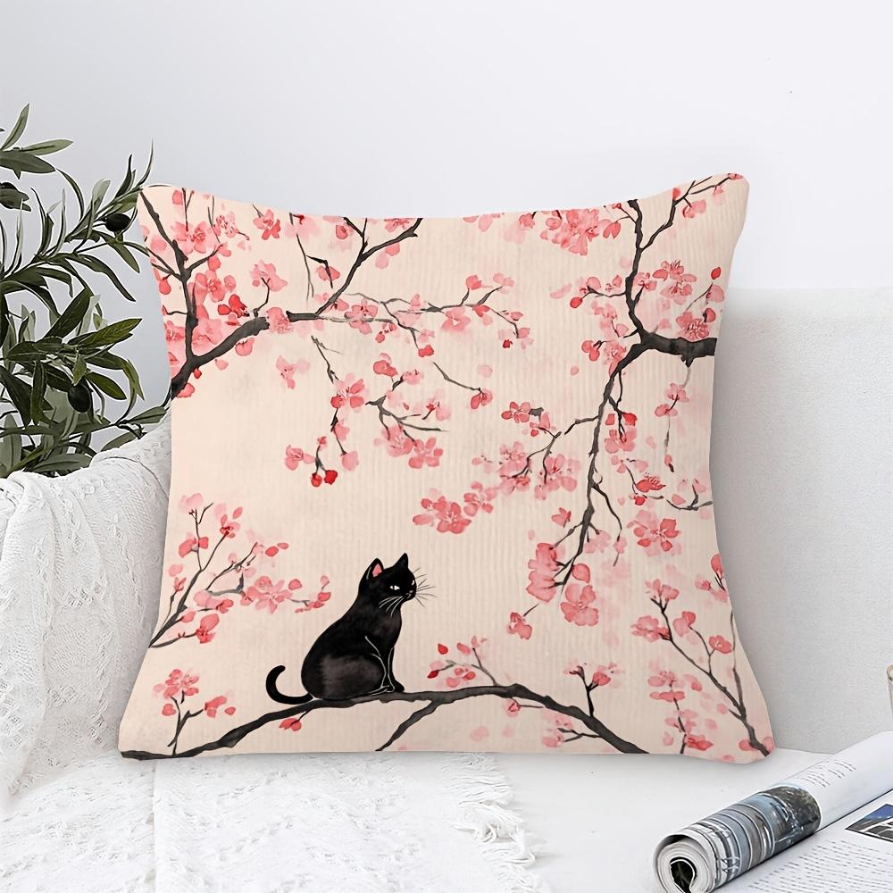 Japanese Cherry Blossom Black Cat Pillow Cover Watercolor Floral Print Oriental Sakura Cushion Case For Sofa Bed Couch Cute