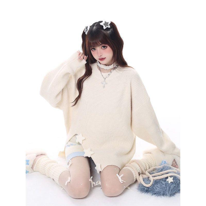 

Cutting Design Women s Pullover Sweater Solid Color Round Neck Base Sweaters Autumn Warm Woman Fashion Loose Top One size