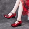 New Spring and Autumn Women's Shoes First Layer Cowhide Thick Heel Soft Sole Single Shoes Female Mother Shallow Mouth Velcro Small Leather Shoes