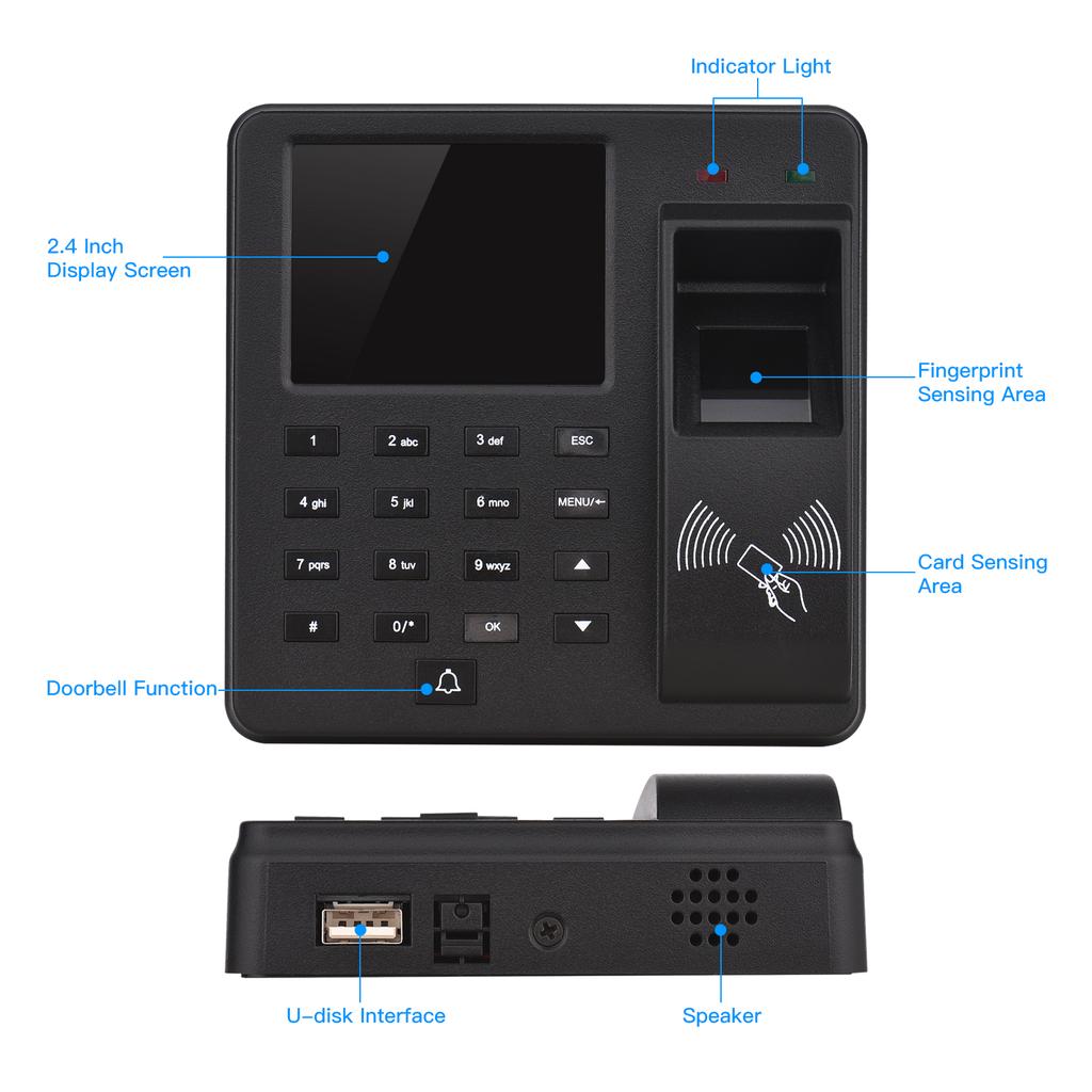 Access Control Time Attendance Machine Fingerprint/Password/ID Card Recognition Time Clock with 2.4