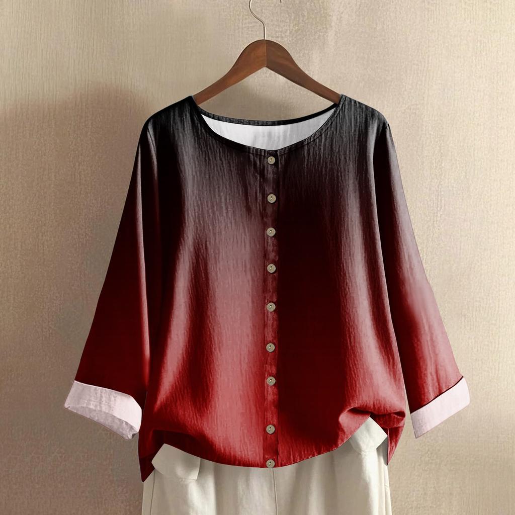 Women's Casual Long-sleeved Round Neck Gradient Cotton And Linen Top
