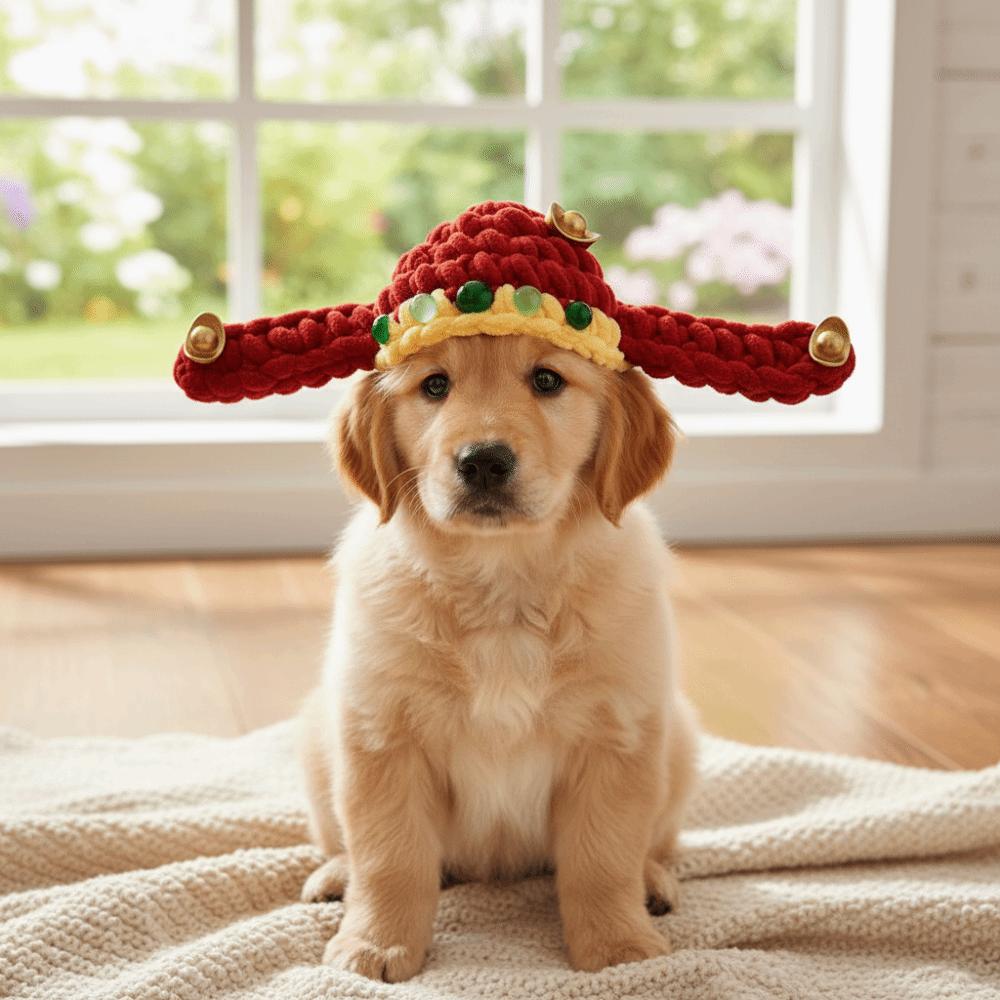 Good Lucky Chinese Style Fortune Cat Headwear Warm Traditional Pet Knitted Hat Blessing Hand-crocheted Cat Head Cover Costume