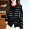 CHAO Stylish Preppy Striped Wool Cardigan - Single-Breasted, Round Neck, Double-Ply Thick Knit