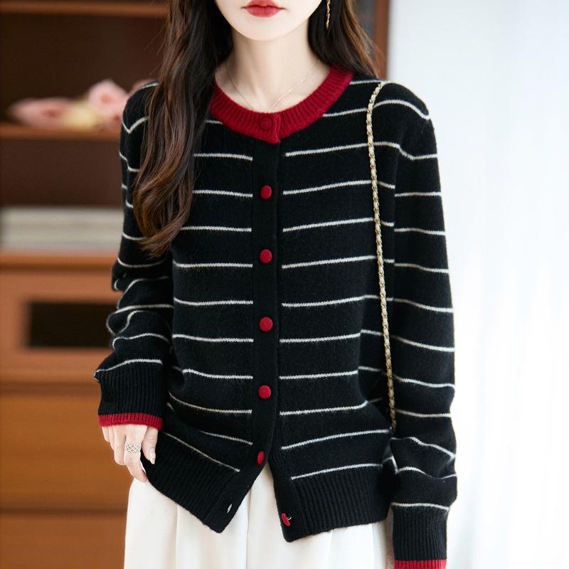 CHAO Stylish Preppy Striped Wool Cardigan - Single-Breasted, Round Neck, Double-Ply Thick Knit