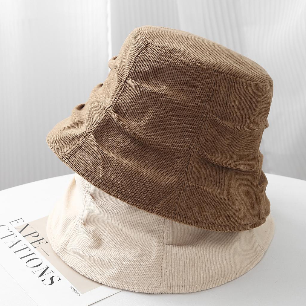Autumn and Winter Corduroy Bucket Hat Women's Pleated New Face Small Versatile Basin Hat Fashionable Retro Warm Bucket Hat