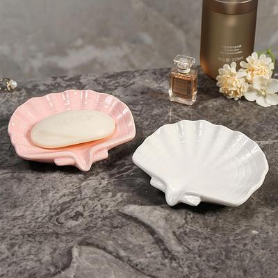 Ceramic Soap Holder, Sea-Shell Soap Tray with Self Draining, Soap Tray for Sink Washroom Bathroom Shower, Small Cute and Elegant Holder with Glaze,