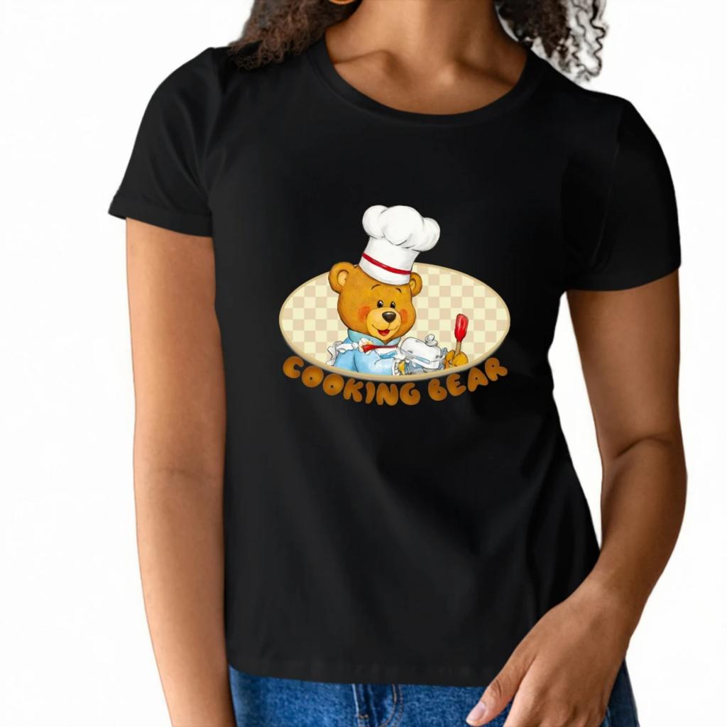 Women's T-Shirt Cooking Bear Graphic Tee Short Sleeve Round Neck Trendy Summer 2023 Fast Shipping