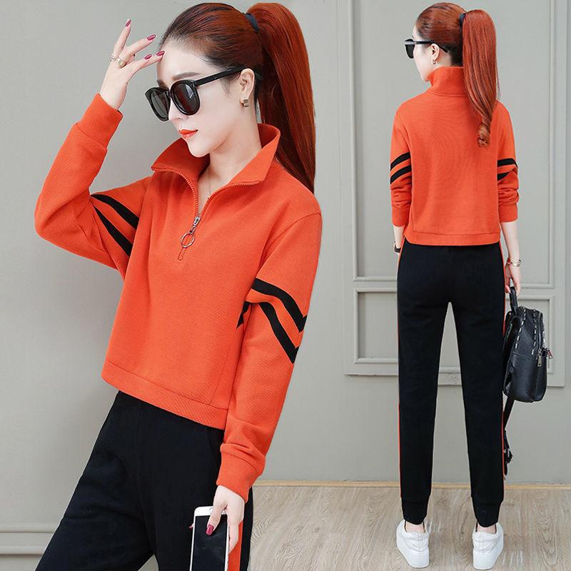 Spring and Autumn Plus Size Sportswear Women's Suit Was Thin and Long-sleeved Zipper Sweatershirt + Harlan Trousers 2-piece Suit