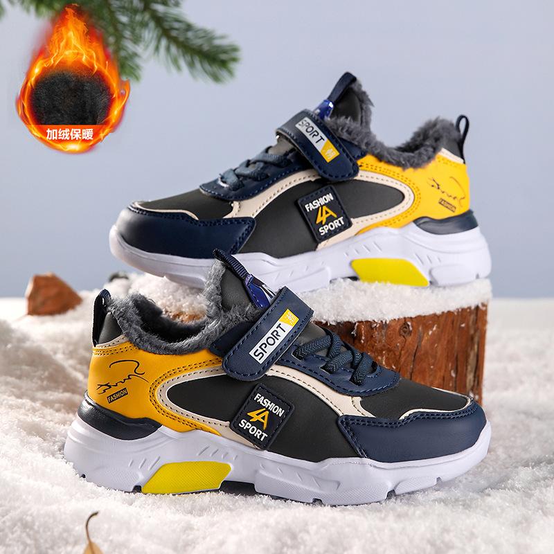 Children's sports shoes fleece warm cotton shoes 2025 autumn and winter non-slip soft-soled primary school students middle and older children's fat