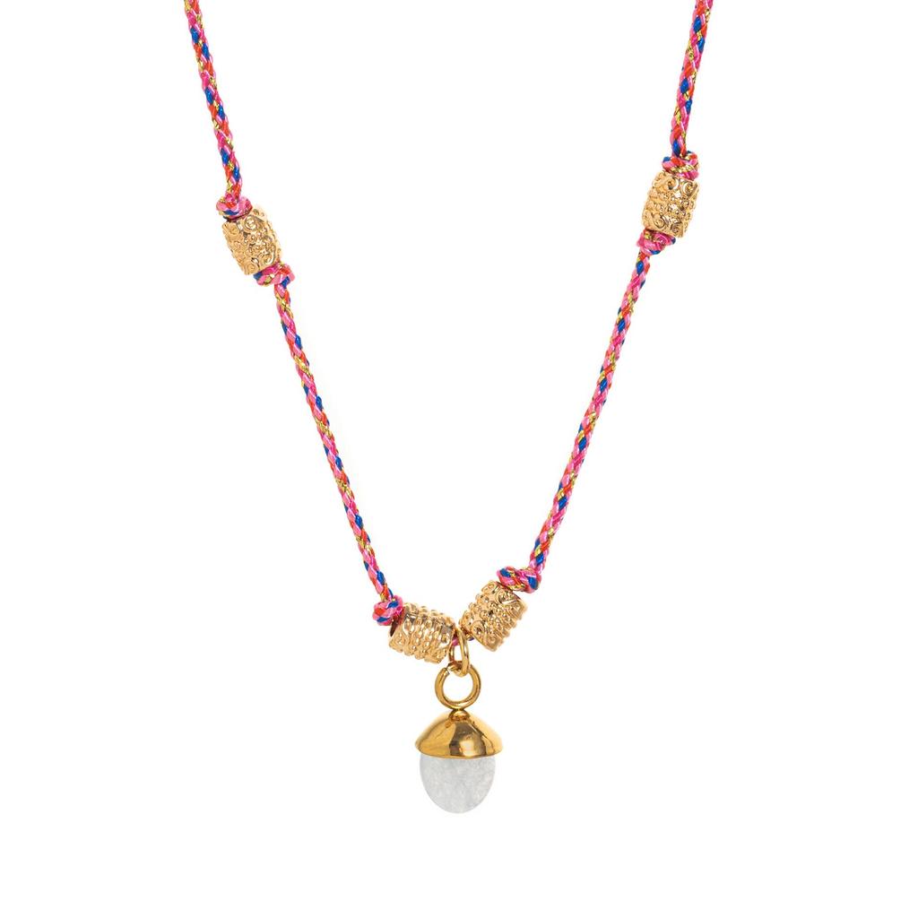 Stainless Steel Half-circle Natural Stone Acorn Pine Cone Pendant Necklace with Hand-knotted Rope Jewelry for Women.