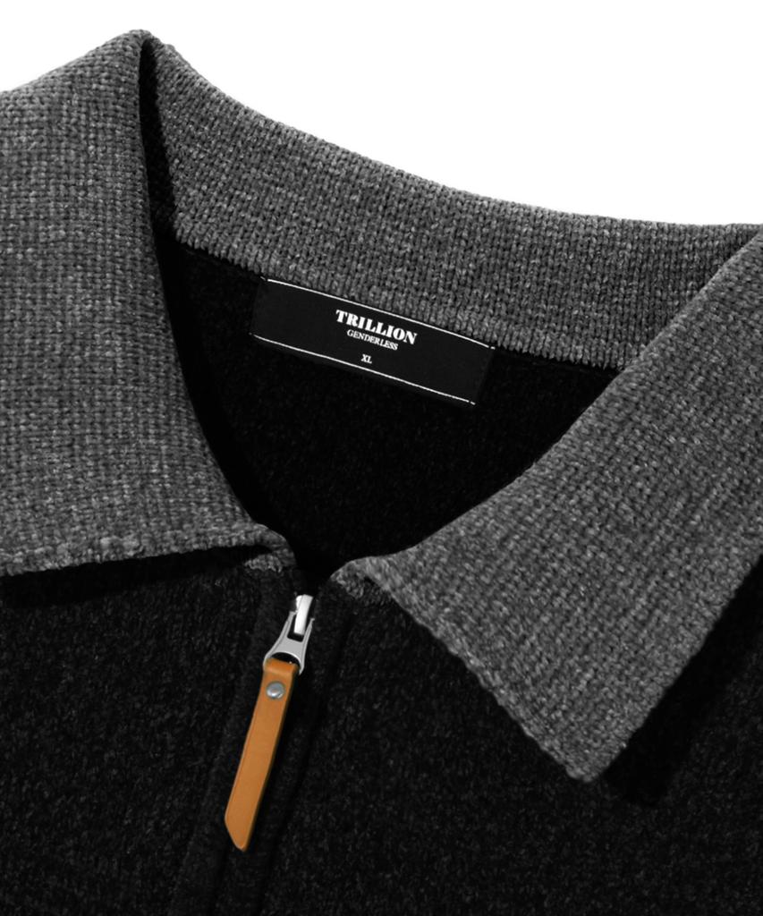 TRILLION Color Work Collar Zip-Up Knit Jacket [Black]