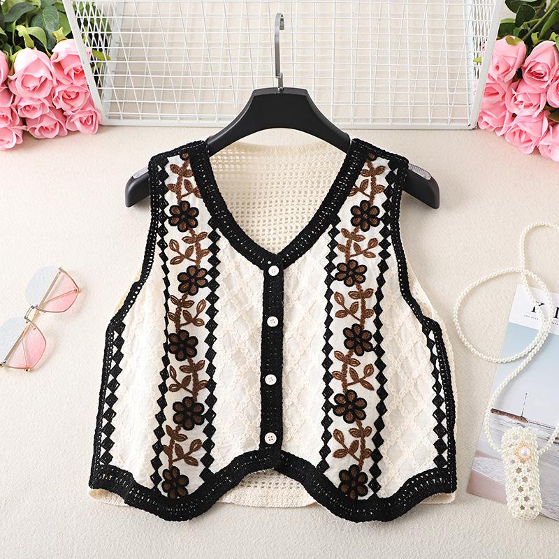 

Женский жилет в стиле ретро с ромбической решеткой, полым крючком и цветком, свободный повседневный короткий абзац снаружи с тонким жилетом, кардиган, куртка, топы One Size чёрный