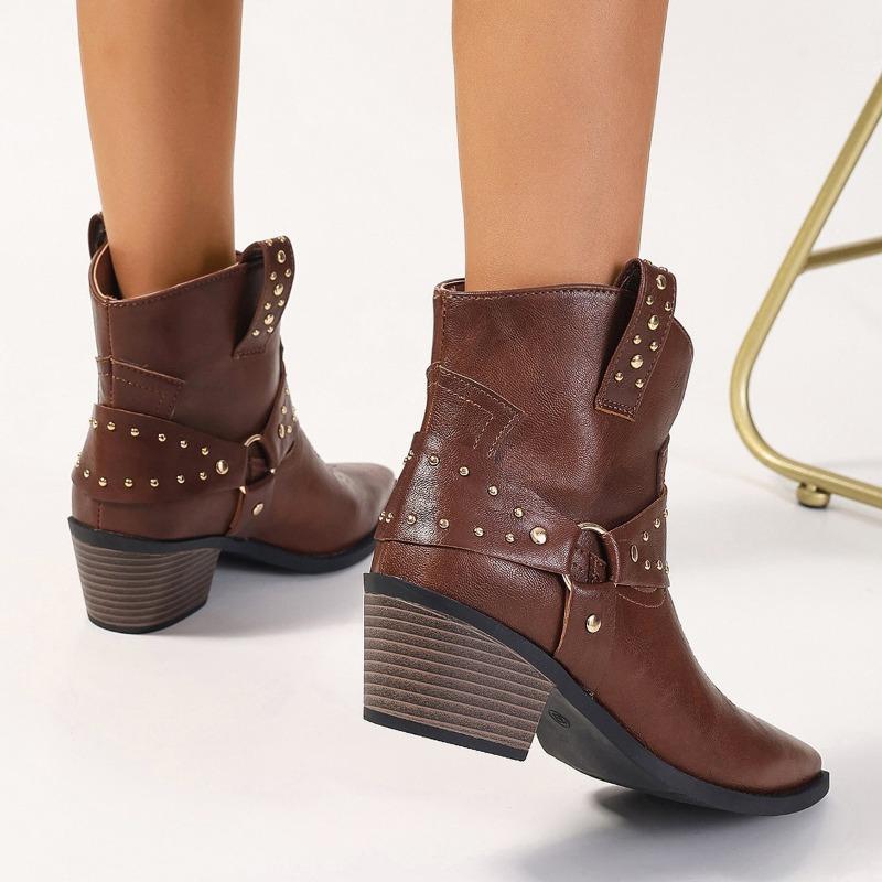 Neue Übergröße Western Chelsea Lederstiefel Damen Retro Gürtelschnalle Dicker Absatz Mode Vielseitige Modestiefel