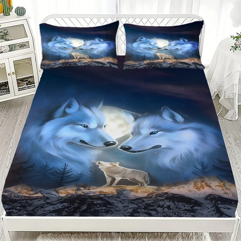 3pcs Fitted Sheet Set Animal Wolf Eagle Lion Dog Print 100% Polyester Breathable Bedding Set for Home Decor with 2 Pillowcases
