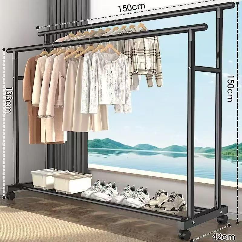 Sturdy Double Bar Wardrobe Rack for Dorms: Floor-Standing, Dual-Layer Clothes & Hat Hanger for Bedrooms and Balconies.