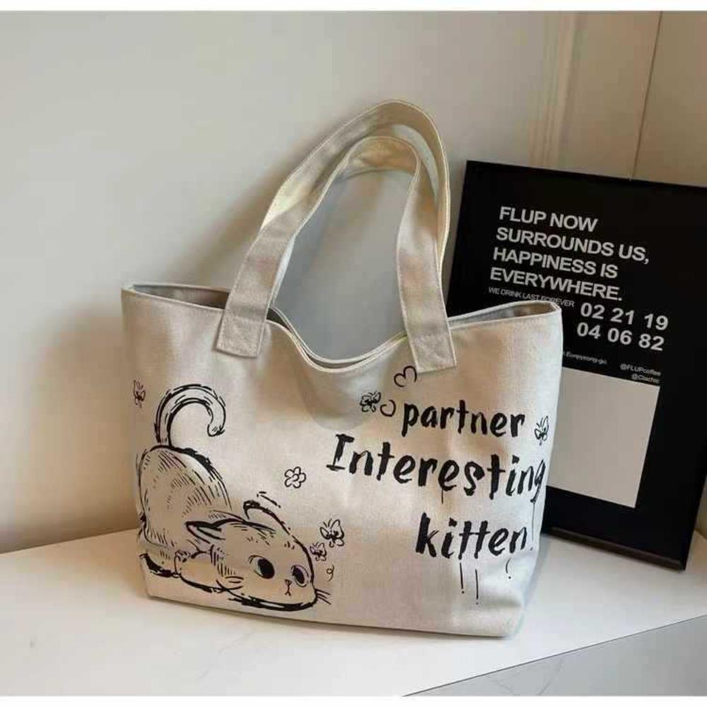 Fashion Cute Cat Tote Bag Large Capaci Canvas Shoulder Bag Casual Commuting Bag Women's Handbag Student