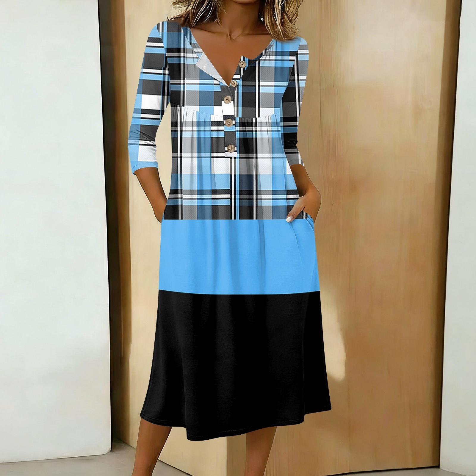 

Women s Fashionable Color Printed Round Neck 3/4 Sleeve Button Collar Mid Length Casual Dress L