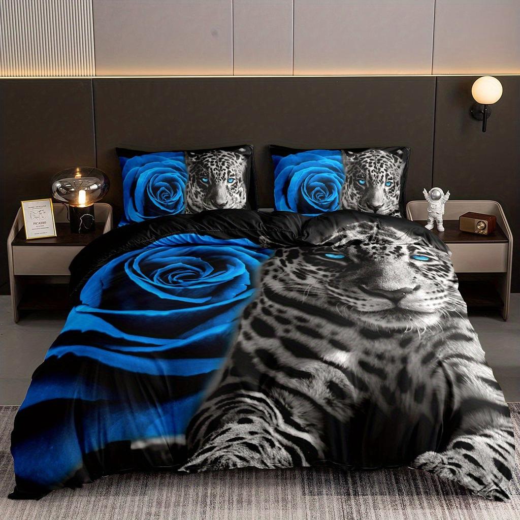 Romantic Leopard Rose Duvet Cover Set Soft And Comfortable For Bedroom Bedding Set Includes 1 Duvet Cover And 2 Pillowcases