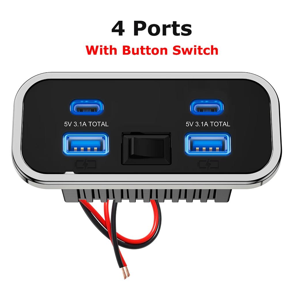 4 Ports 12V RV USB Outlet 76W Dual PD3.0 Type-C Quick Charge & QC3.0 Panel Wall Mount Charger Adapter For Marine Bus ATV Truck